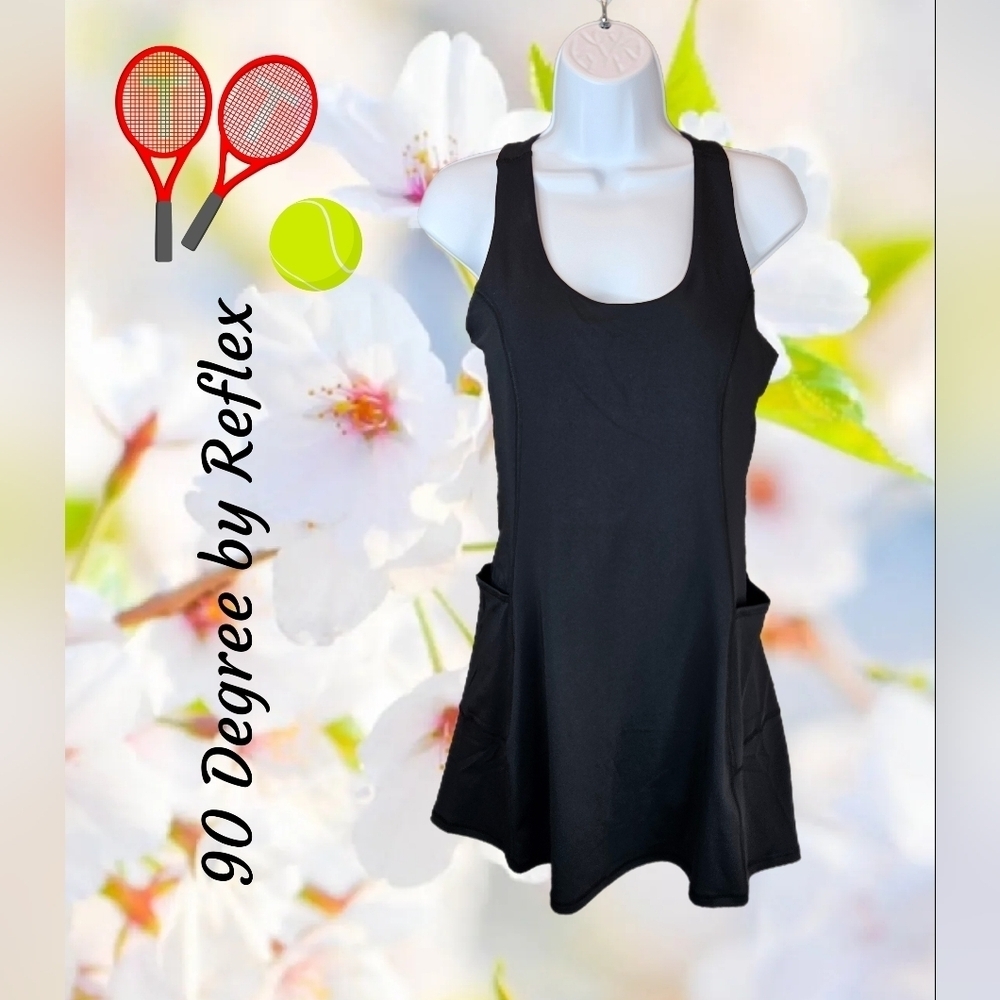 90 Degree By Reflex Tennis Dress Womens Sz M Black Pockets Built In Shorts Golf